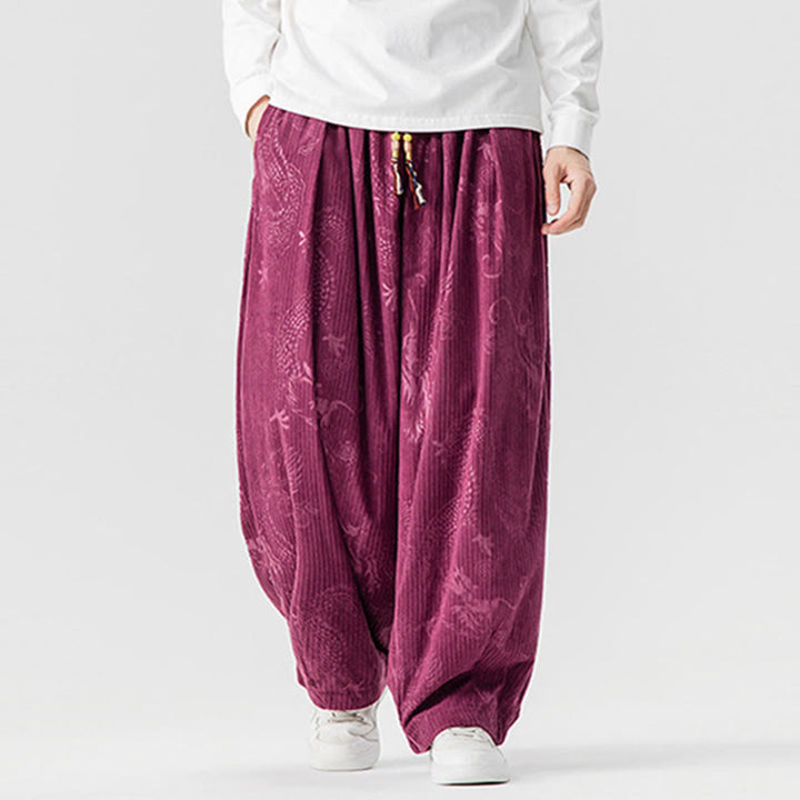 Buddha Stones Winter Dragon Phoenix Pattern Cotton Corduroy Men's Harem Pants With Pockets - image 10