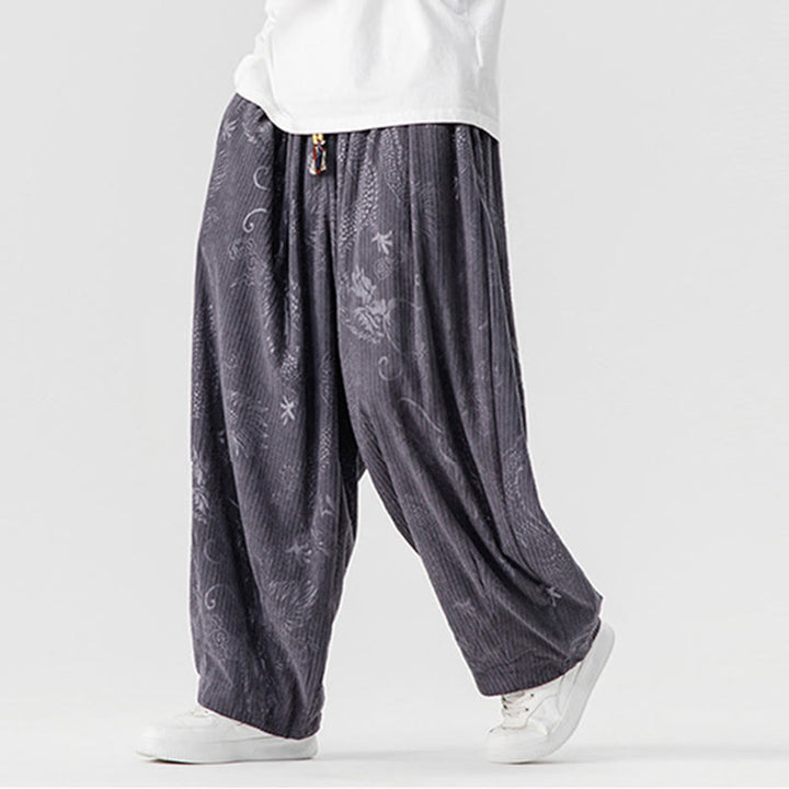Buddha Stones Winter Dragon Phoenix Pattern Cotton Corduroy Men's Harem Pants With Pockets - image 27
