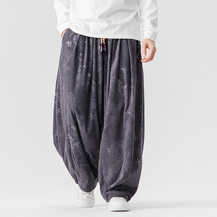Buddha Stones Winter Dragon Phoenix Pattern Cotton Corduroy Men's Harem Pants With Pockets - image 25