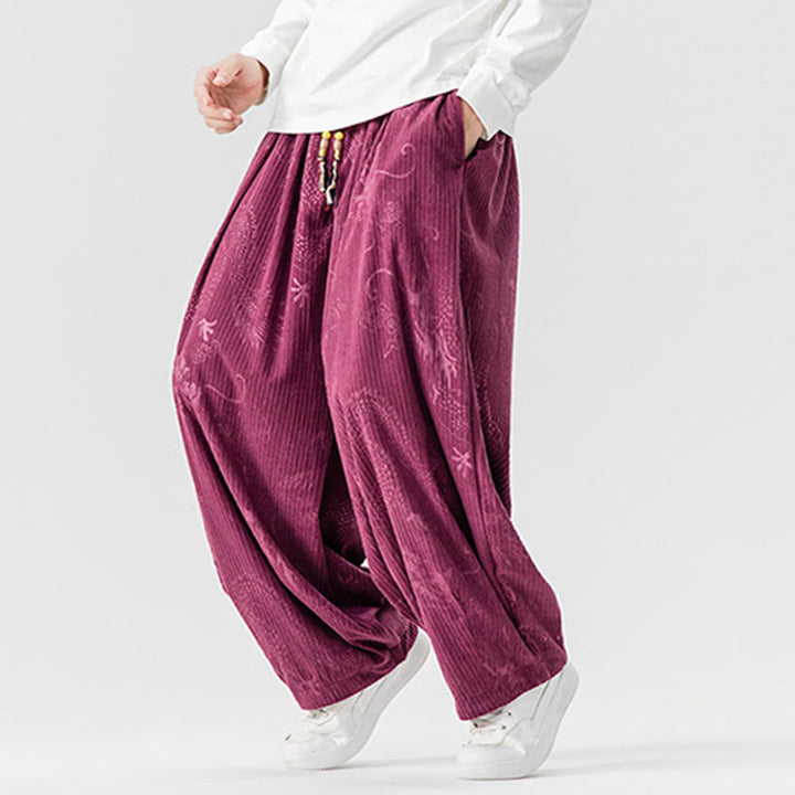 Buddha Stones Winter Dragon Phoenix Pattern Cotton Corduroy Men's Harem Pants With Pockets - image 14