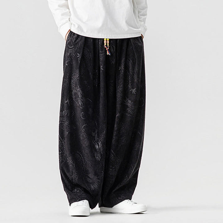 Buddha Stones Winter Dragon Phoenix Pattern Cotton Corduroy Men's Harem Pants With Pockets - image 34