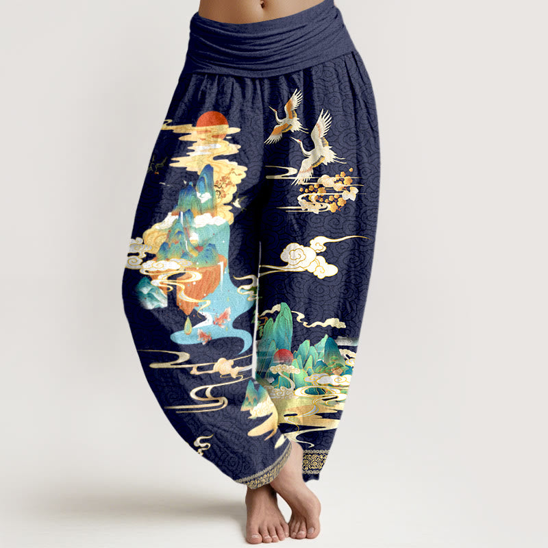 Buddha Stones Pure Cotton Landscape Cranes Clouds Pattern Women's Elastic Waist Harem Pants - MidnightBlue - US16，UK/AU20，EU48 (3XL) - image 8