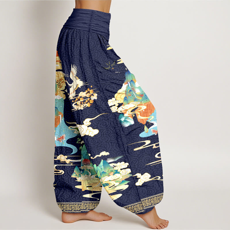 Buddha Stones Pure Cotton Landscape Cranes Clouds Pattern Women's Elastic Waist Harem Pants - image 10