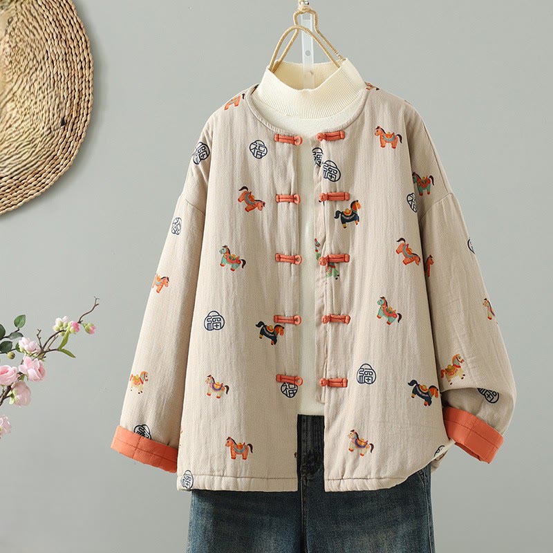 Buddha Stones Horse Fu Character Pattern Frog-Button Design Women's Cotton Long Sleeve Thickened Jacket - PapayaWhip - US8-10，UK/AU12-14，EU40-42 (2XL) - image 0