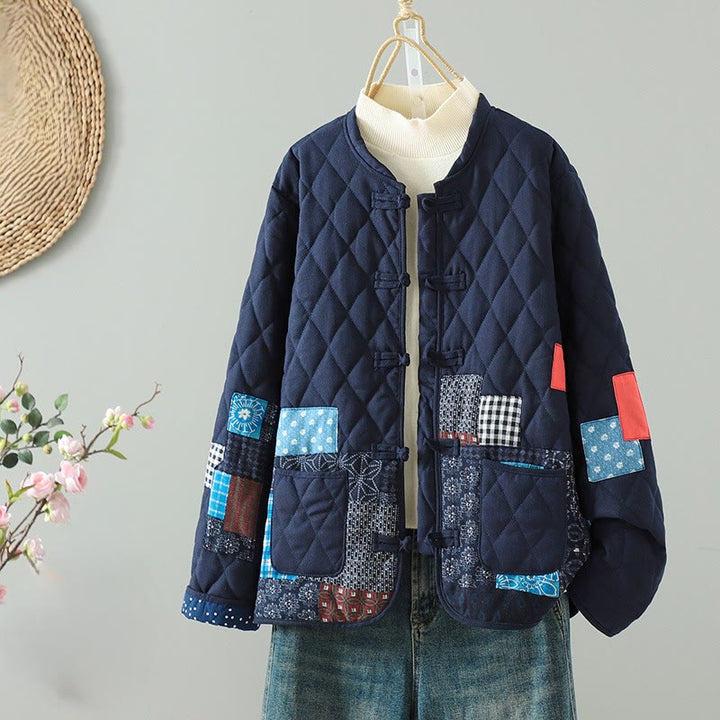 Buddha Stones Ethnic Frog-button Patchwork Women's Thickened Cotton Long Sleeve Jacket With Pockets - Blue Floral - US8-10，UK/AU12-14，EU40-42 (2XL) - image 0