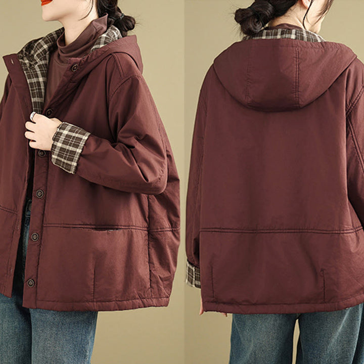 Buddha Stones Plaid Hoodie Pattern Women's Long Sleeve Cotton Thickened Jacket With Pockets - image 8