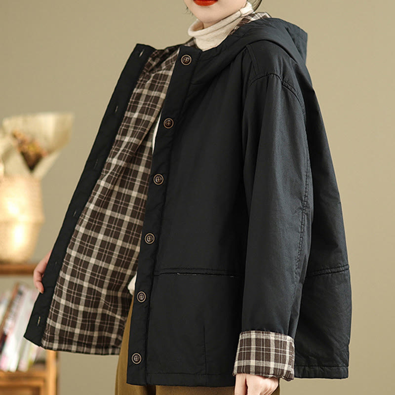 Buddha Stones Plaid Hoodie Pattern Women's Long Sleeve Cotton Thickened Jacket With Pockets - image 17