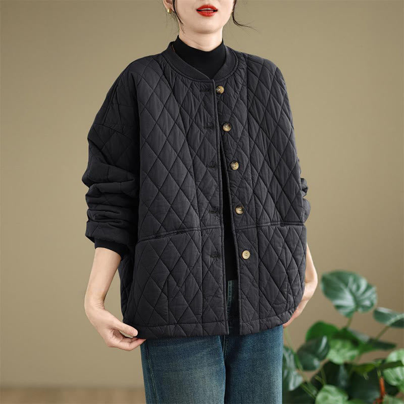 Buddha Stones Diamond Grid Pattern Women's Long Sleeve Cotton Thickened Jacket With Pockets - image 2