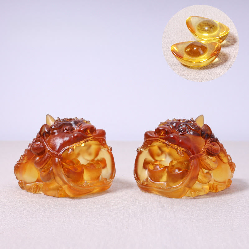 Buddha Stones Handmade Liuli Crystal Gold Swallowing PiXiu Art Piece Home Decoration - A Pair of Yellow Pixiu(with Two 4cm Ingots) - image 11