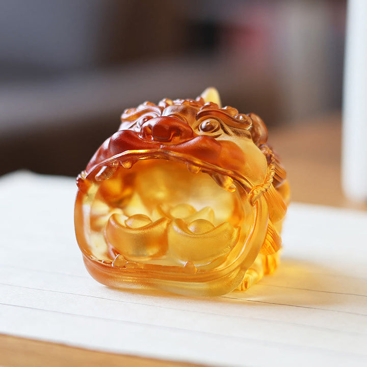 Buddha Stones Handmade Liuli Crystal Gold Swallowing PiXiu Art Piece Home Decoration - image 5