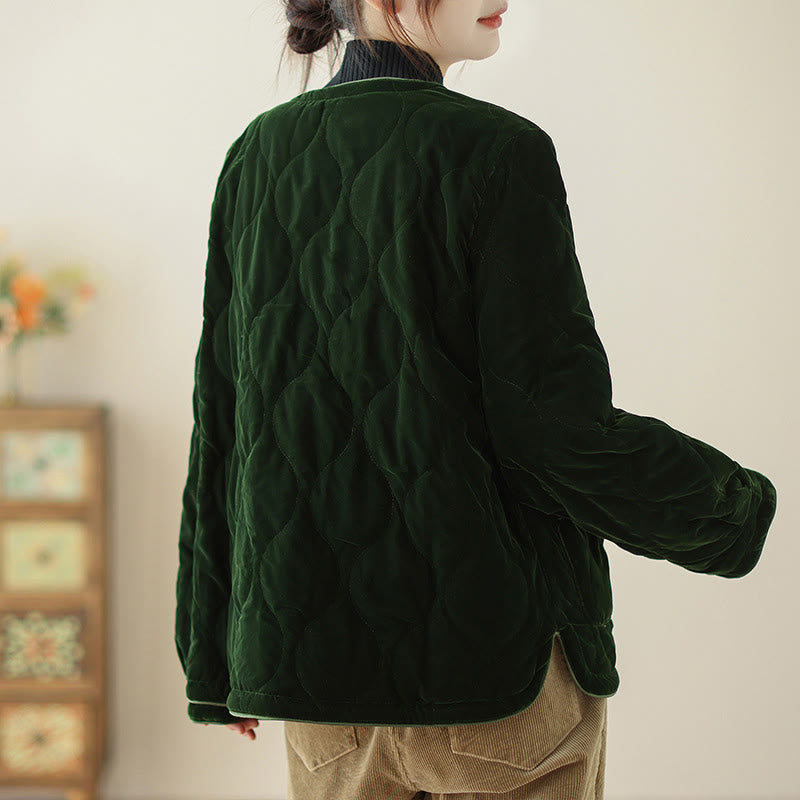 Buddha Stones Diamond Pattern Short Style Women's Long Sleeve Thickened Jacket With Pockets - image 5