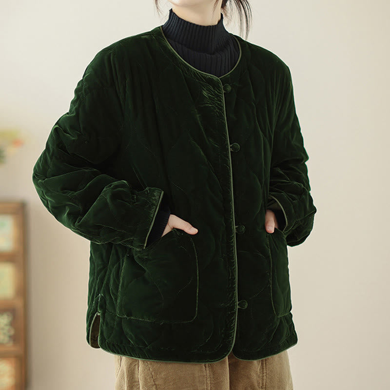 Buddha Stones Diamond Pattern Short Style Women's Long Sleeve Thickened Jacket With Pockets - image 2