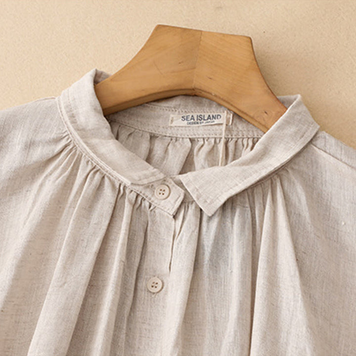 Buddha Stones Beige Buttons Lapel Design Long Sleeve Cotton Midi Dress With Pockets - image 2