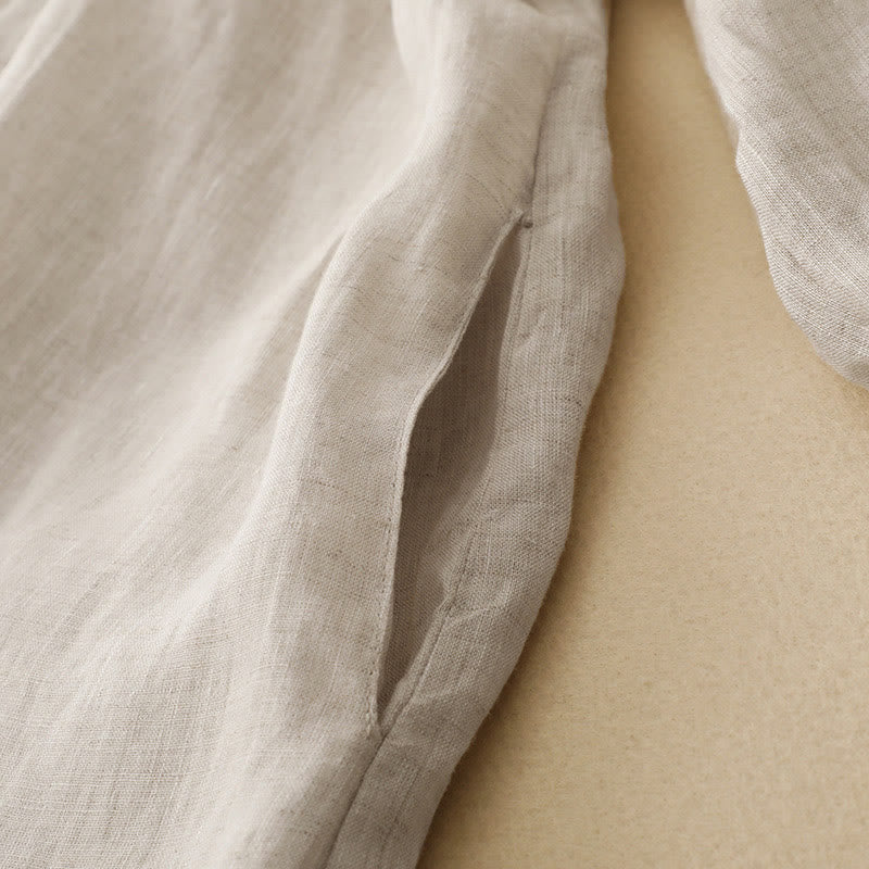 Buddha Stones Beige Buttons Lapel Design Long Sleeve Cotton Midi Dress With Pockets - image 4