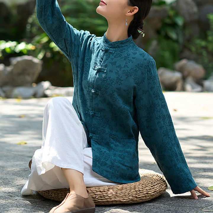 Buddha Stones Frog-Button Long Sleeve Cotton Jacquard Women's Shirt Pants With Pockets - image 3