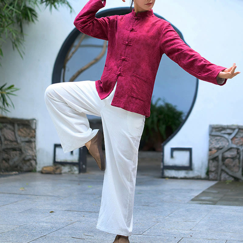 Buddha Stones Frog-Button Long Sleeve Cotton Jacquard Women's Shirt Pants With Pockets - image 21