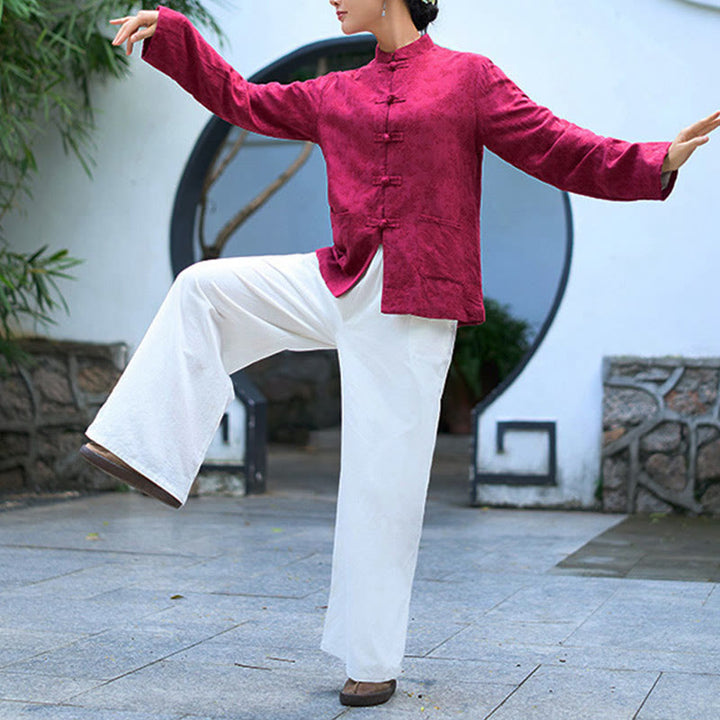 Buddha Stones Frog-Button Long Sleeve Cotton Jacquard Women's Shirt Pants With Pockets - image 17