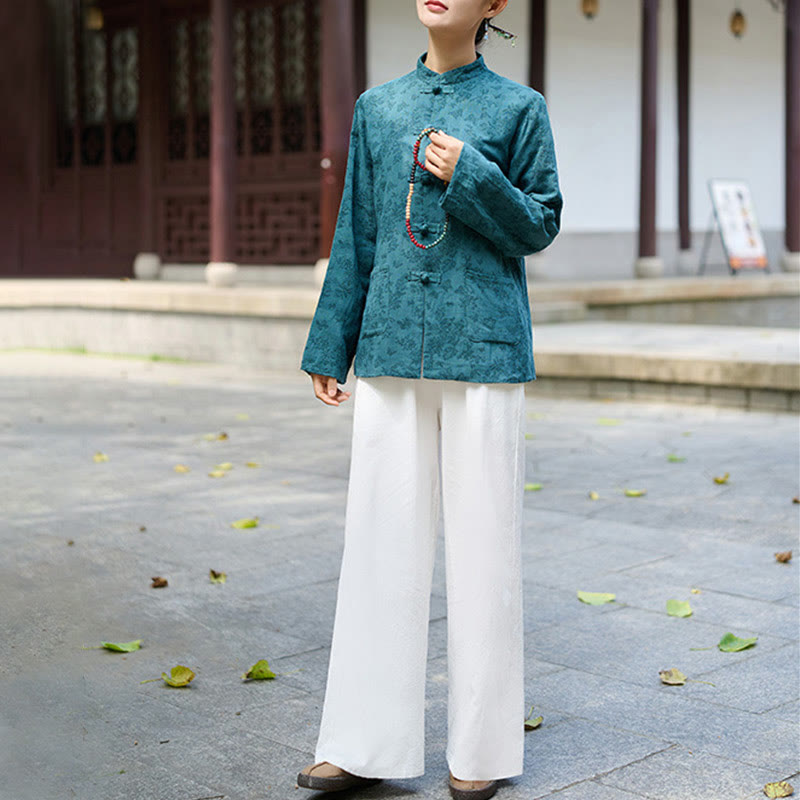 Buddha Stones Frog-Button Long Sleeve Cotton Jacquard Women's Shirt Pants With Pockets - image 6