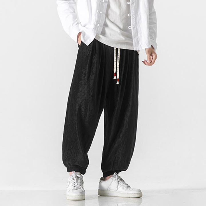 Buddha Stones Plain Drawstring Elastic Cuffs Design Men's Cotton Pants With Pockets - image 3