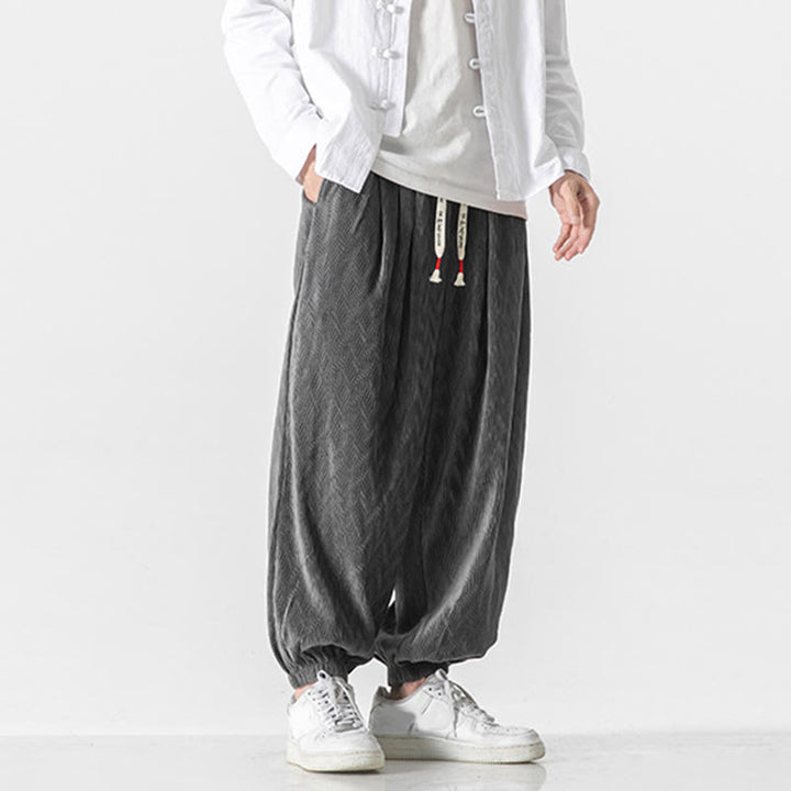Buddha Stones Plain Drawstring Elastic Cuffs Design Men's Cotton Pants With Pockets - image 11