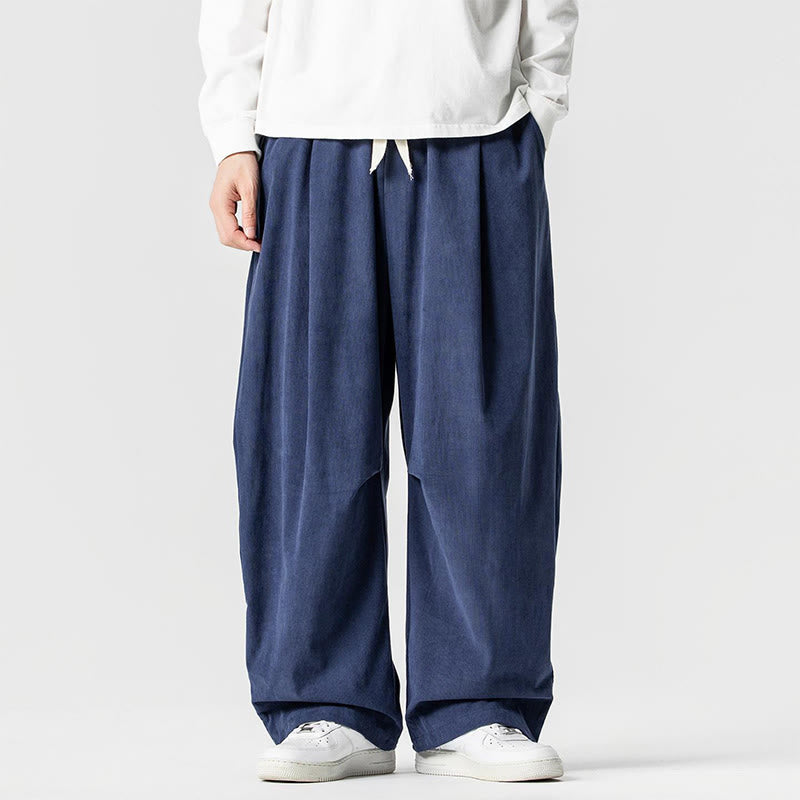 Buddha Stones Winter Drawstring Corduroy Cotton Men's Wide Leg Pants With Pockets - DarkBlue - US/UK/AU46，EU56 (5XL) - image 1