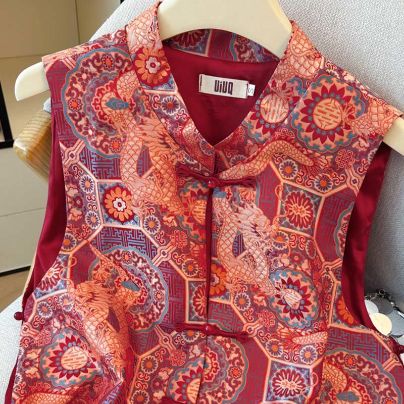 Buddha Stones Frog-Button Dragon Flower Bamboo Jacquard Design Women's Vest Waistcoat Shirt - image 3