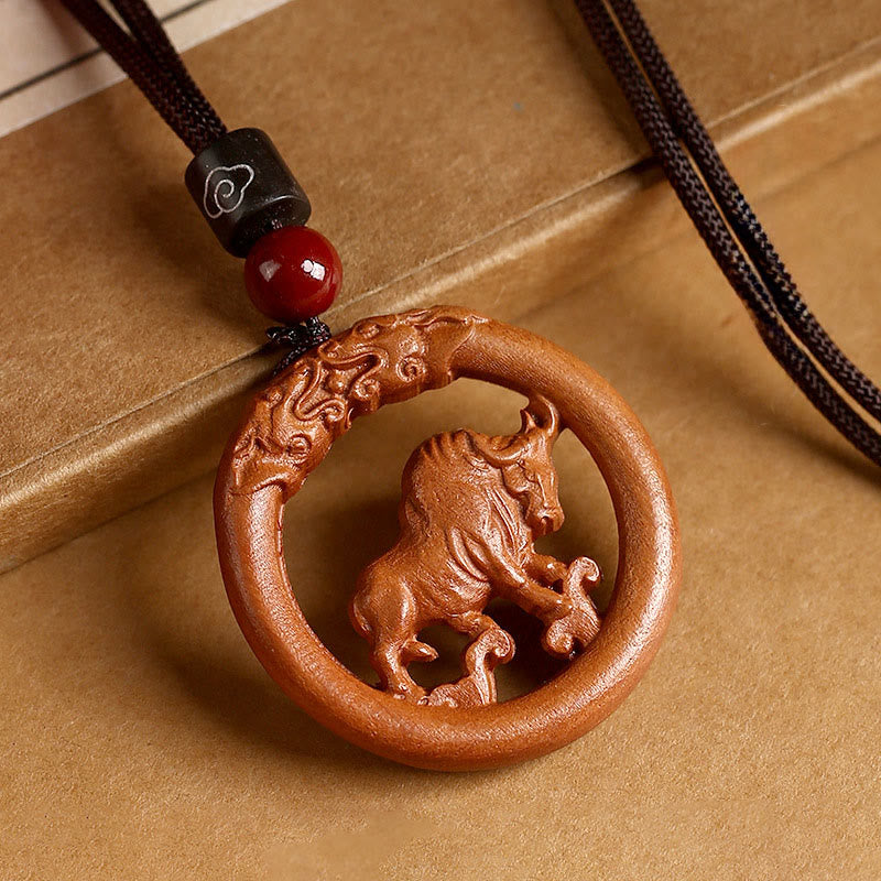 Buddha Stones Peach Wood  Chinese Zodiac Year Of The Horse  Ward Off Evil Spirits Necklace Pendants - Peach Wood-Ox - Brown Rope - image 15