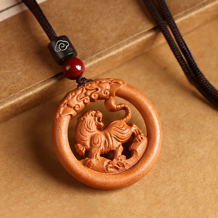 Buddha Stones Peach Wood  Chinese Zodiac Year Of The Horse  Ward Off Evil Spirits Necklace Pendants - Peach Wood-Tiger - Brown Rope - image 17