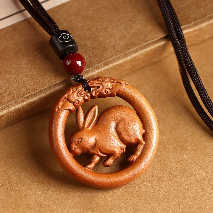 Buddha Stones Peach Wood  Chinese Zodiac Year Of The Horse  Ward Off Evil Spirits Necklace Pendants - Peach Wood-Rabbit - Brown Rope - image 19