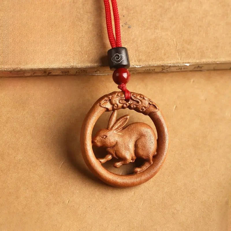 Buddha Stones Peach Wood  Chinese Zodiac Year Of The Horse  Ward Off Evil Spirits Necklace Pendants - Peach Wood-Rabbit - Red Rope - image 20
