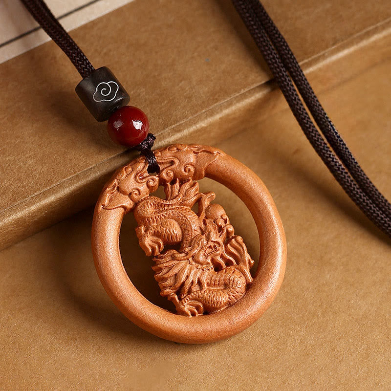 Buddha Stones Peach Wood  Chinese Zodiac Year Of The Horse  Ward Off Evil Spirits Necklace Pendants - Peach Wood-Dragon - Brown Rope - image 22