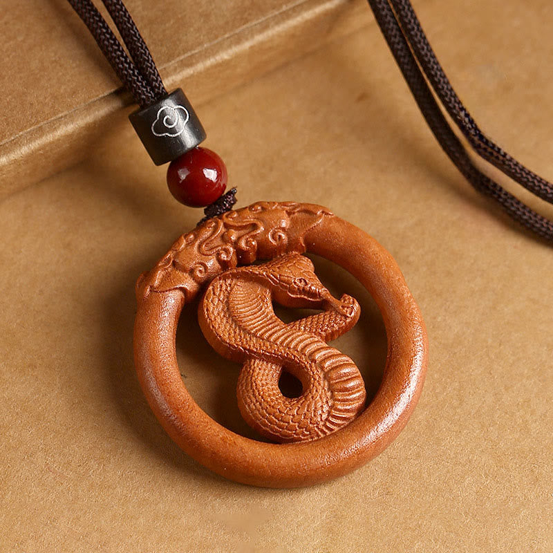 Buddha Stones Peach Wood  Chinese Zodiac Year Of The Horse  Ward Off Evil Spirits Necklace Pendants - Peach Wood-Snake - Brown Rope - image 23