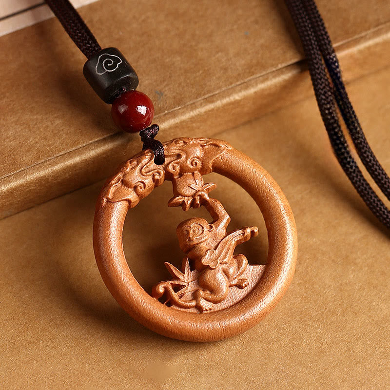 Buddha Stones Peach Wood  Chinese Zodiac Year Of The Horse  Ward Off Evil Spirits Necklace Pendants - Peach Wood-Monkey - Brown Rope - image 27