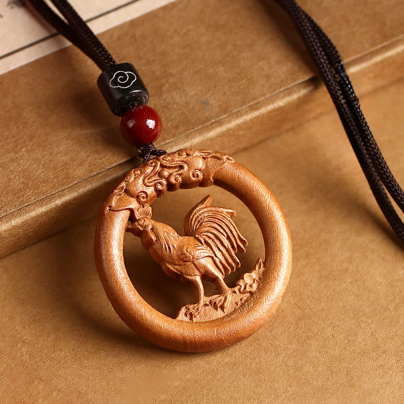 Buddha Stones Peach Wood  Chinese Zodiac Year Of The Horse  Ward Off Evil Spirits Necklace Pendants - Peach Wood-Rooster - Brown Rope - image 29