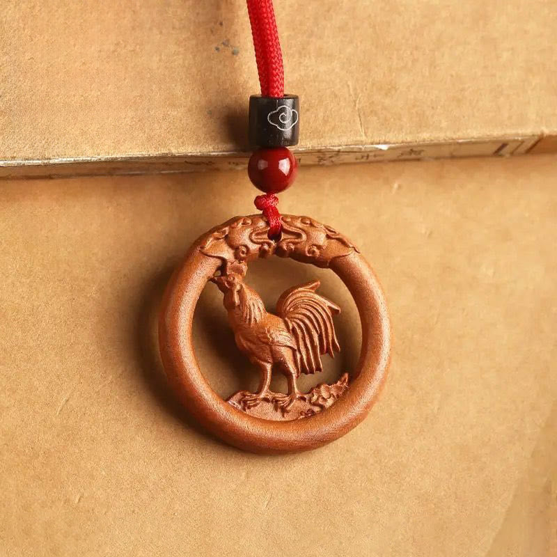 Buddha Stones Peach Wood  Chinese Zodiac Year Of The Horse  Ward Off Evil Spirits Necklace Pendants - Peach Wood-Rooster - Red Rope - image 31