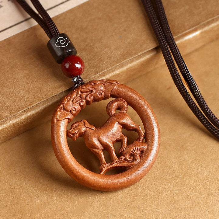 Buddha Stones Peach Wood  Chinese Zodiac Year Of The Horse  Ward Off Evil Spirits Necklace Pendants - Peach Wood-Dog - Brown Rope - image 32