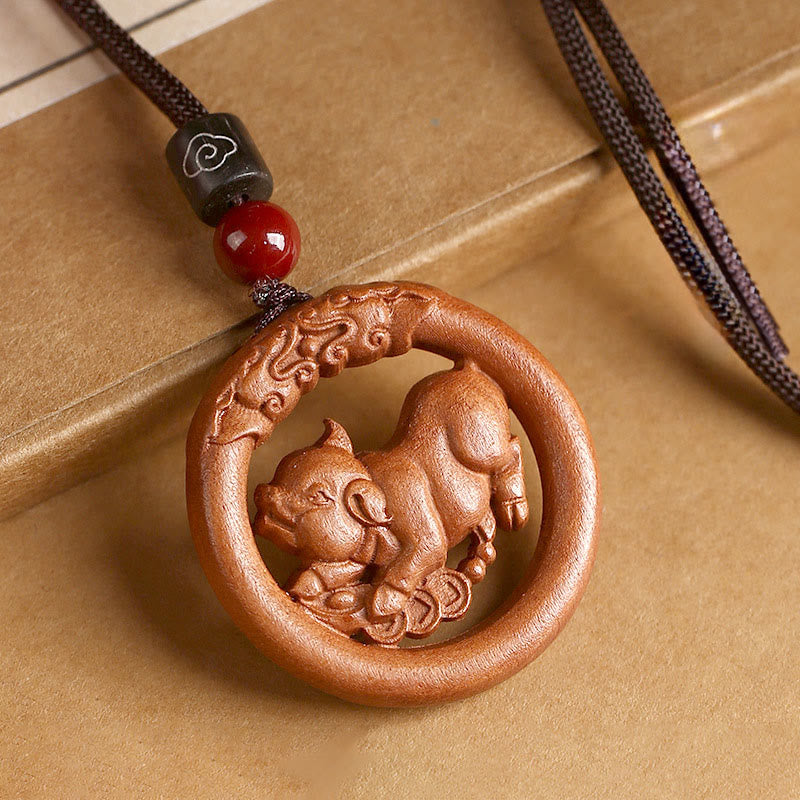 Buddha Stones Peach Wood  Chinese Zodiac Year Of The Horse  Ward Off Evil Spirits Necklace Pendants - Peach Wood-Pig - Brown Rope - image 33