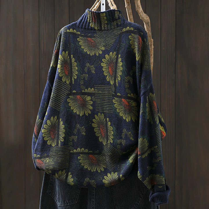 Buddha Stones Sunflower Pattern Mock Neck Long Sleeve Women's Cotton Sweater - image 3