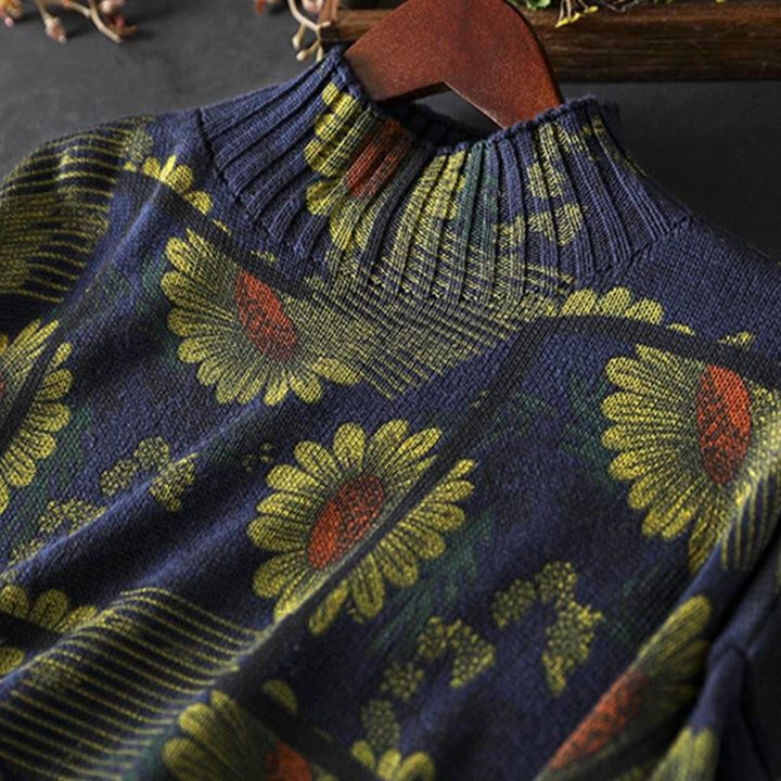 Buddha Stones Sunflower Pattern Mock Neck Long Sleeve Women's Cotton Sweater - image 7