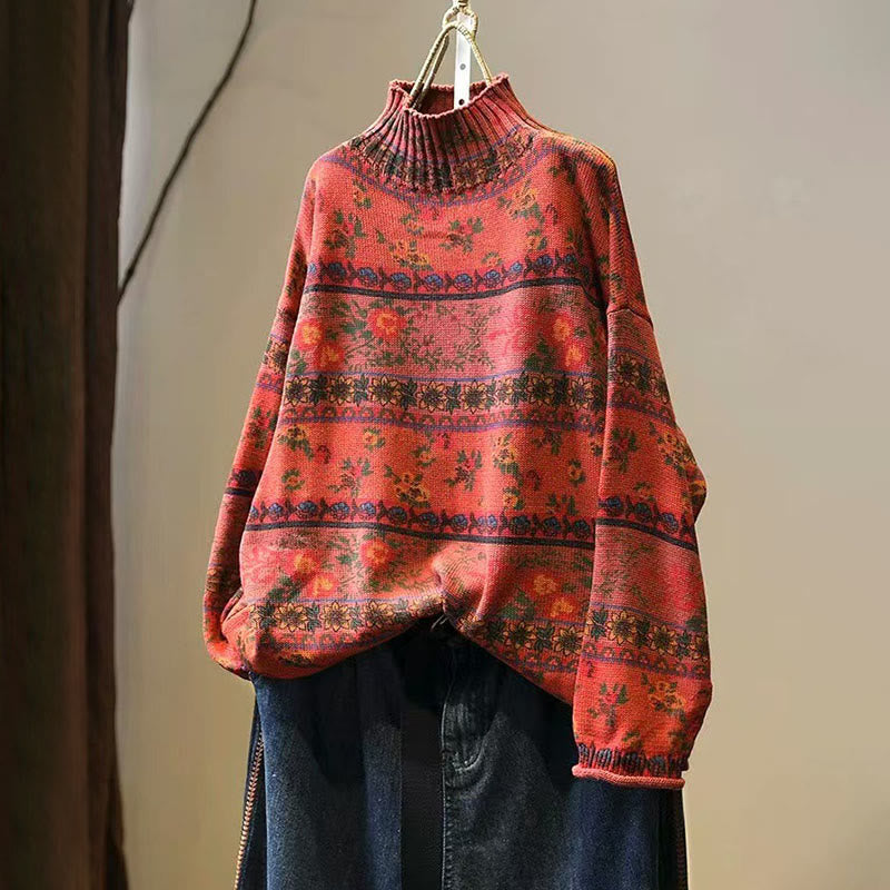 Buddha Stones Winter Color-block Flower Pattern Mock Neck Long Sleeve Women's Cotton Sweater - OrangeRed - US4-6，UK/AU8-10，EU36-38 (F) - image 13