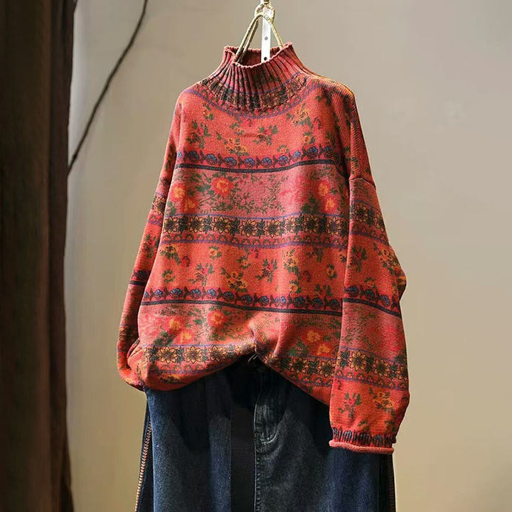 Buddha Stones Winter Color-block Flower Pattern Mock Neck Long Sleeve Women's Cotton Sweater - OrangeRed - US4-6，UK/AU8-10，EU36-38 (F) - image 13