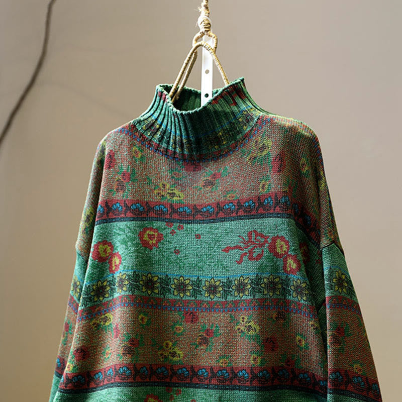 Buddha Stones Winter Color-block Flower Pattern Mock Neck Long Sleeve Women's Cotton Sweater - image 4