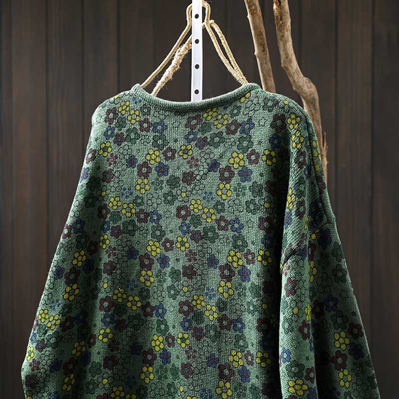 Buddha Stones Knitted Colorful Flowers Pattern Women's Cotton Long Sleeve Sweater With Pockets - image 5