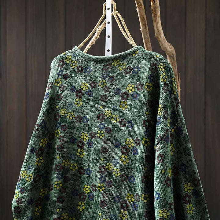 Buddha Stones Knitted Colorful Flowers Pattern Women's Cotton Long Sleeve Sweater With Pockets - image 5
