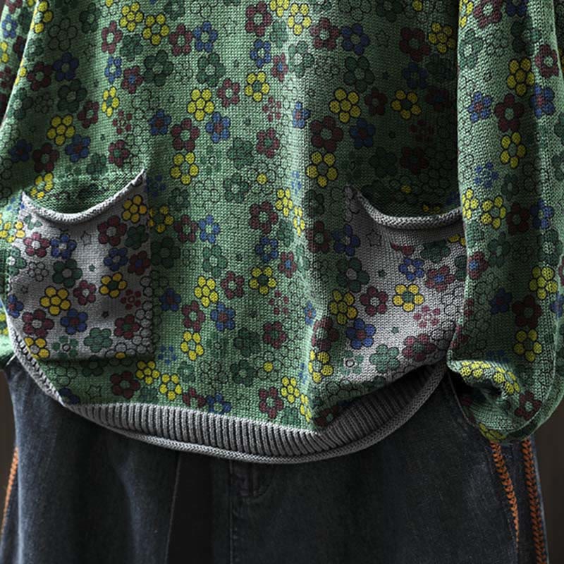 Buddha Stones Knitted Colorful Flowers Pattern Women's Cotton Long Sleeve Sweater With Pockets - image 7