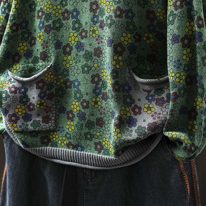 Buddha Stones Knitted Colorful Flowers Pattern Women's Cotton Long Sleeve Sweater With Pockets - image 7