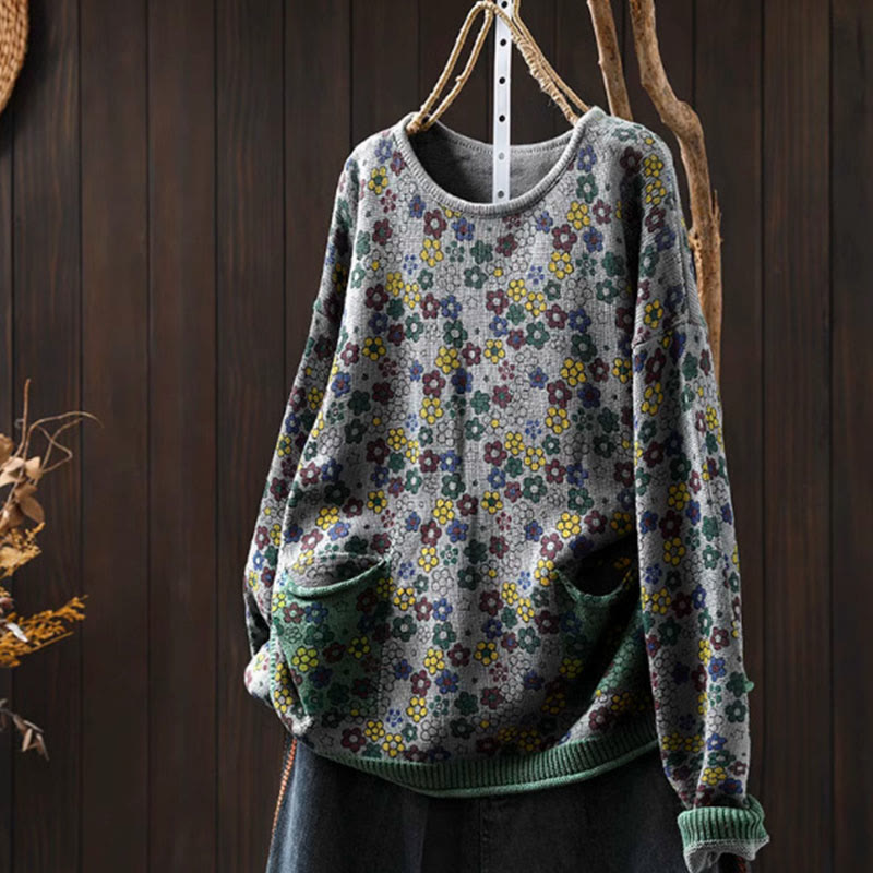 Buddha Stones Knitted Colorful Flowers Pattern Women's Cotton Long Sleeve Sweater With Pockets - DarkGray - US4-6，UK/AU8-10，EU36-38 (F) - image 16