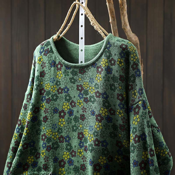Buddha Stones Knitted Colorful Flowers Pattern Women's Cotton Long Sleeve Sweater With Pockets - image 4