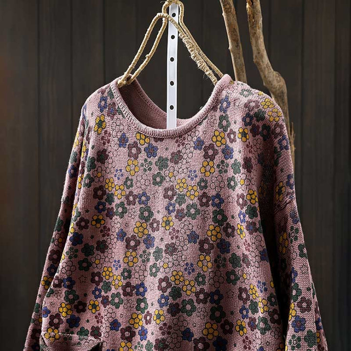 Buddha Stones Knitted Colorful Flowers Pattern Women's Cotton Long Sleeve Sweater With Pockets - image 15