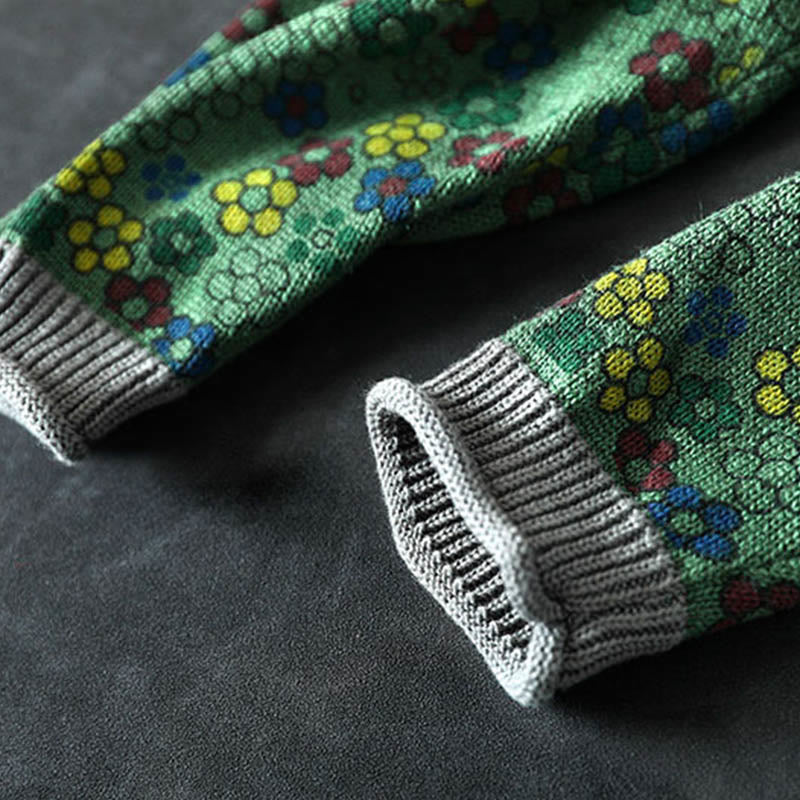 Buddha Stones Knitted Colorful Flowers Pattern Women's Cotton Long Sleeve Sweater With Pockets - image 11